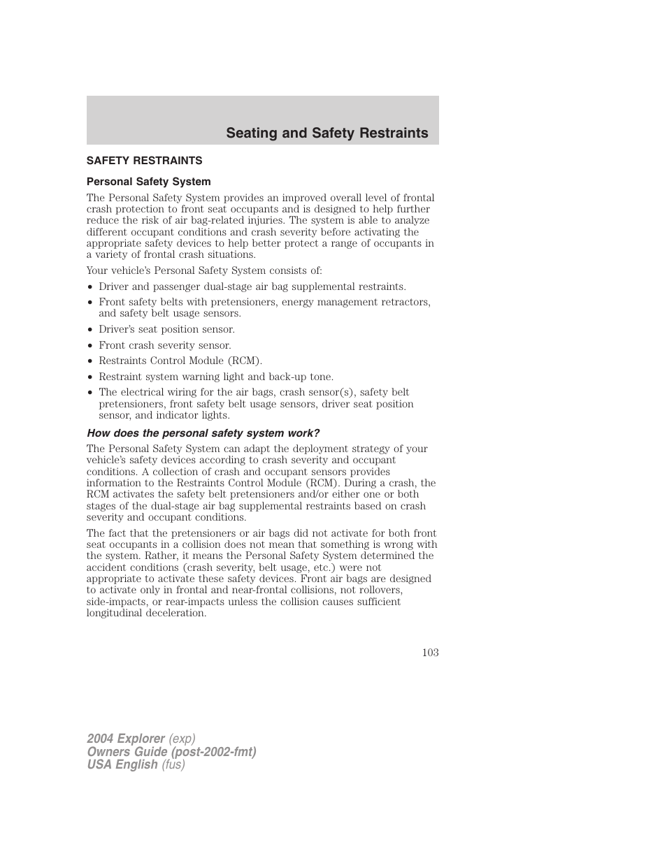 Seating and safety restraints | FORD 2004 Explorer v.2 User Manual | Page 103 / 296