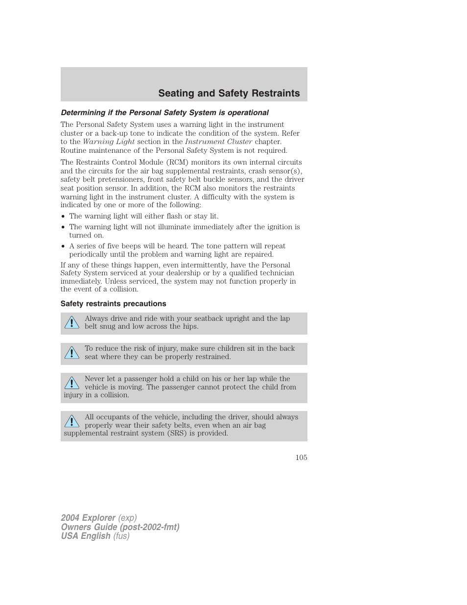 Seating and safety restraints | FORD 2004 Explorer v.2 User Manual | Page 105 / 296