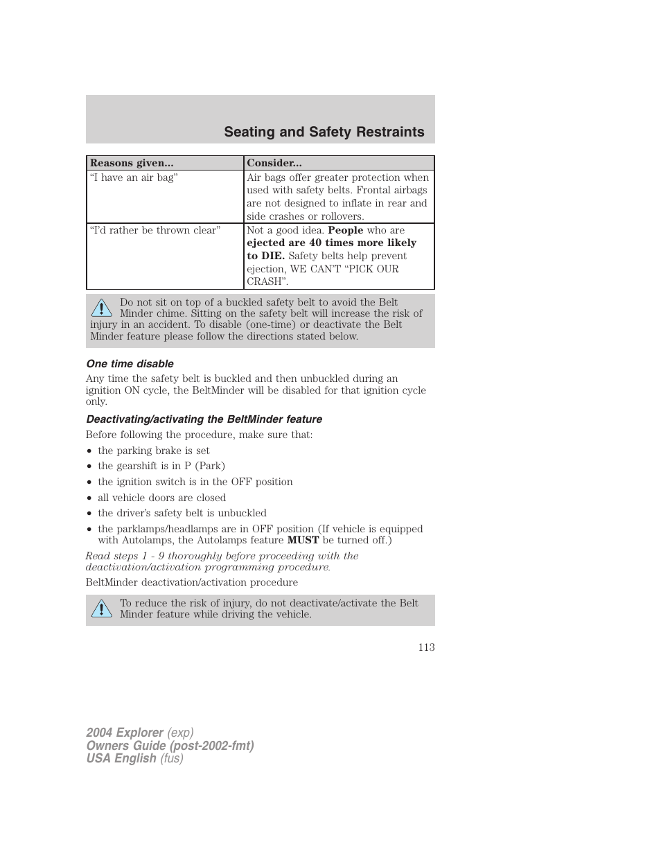 Seating and safety restraints | FORD 2004 Explorer v.2 User Manual | Page 113 / 296