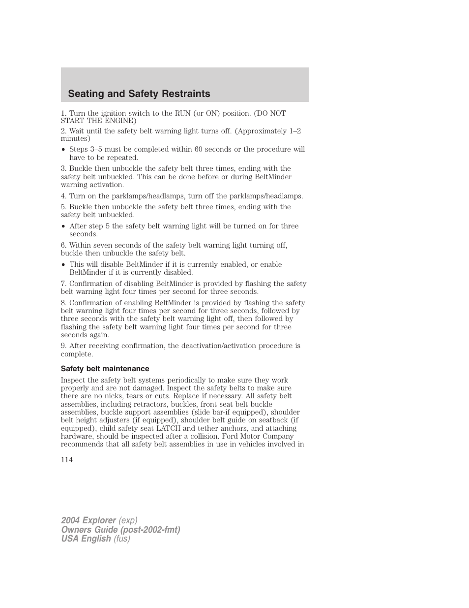 Seating and safety restraints | FORD 2004 Explorer v.2 User Manual | Page 114 / 296