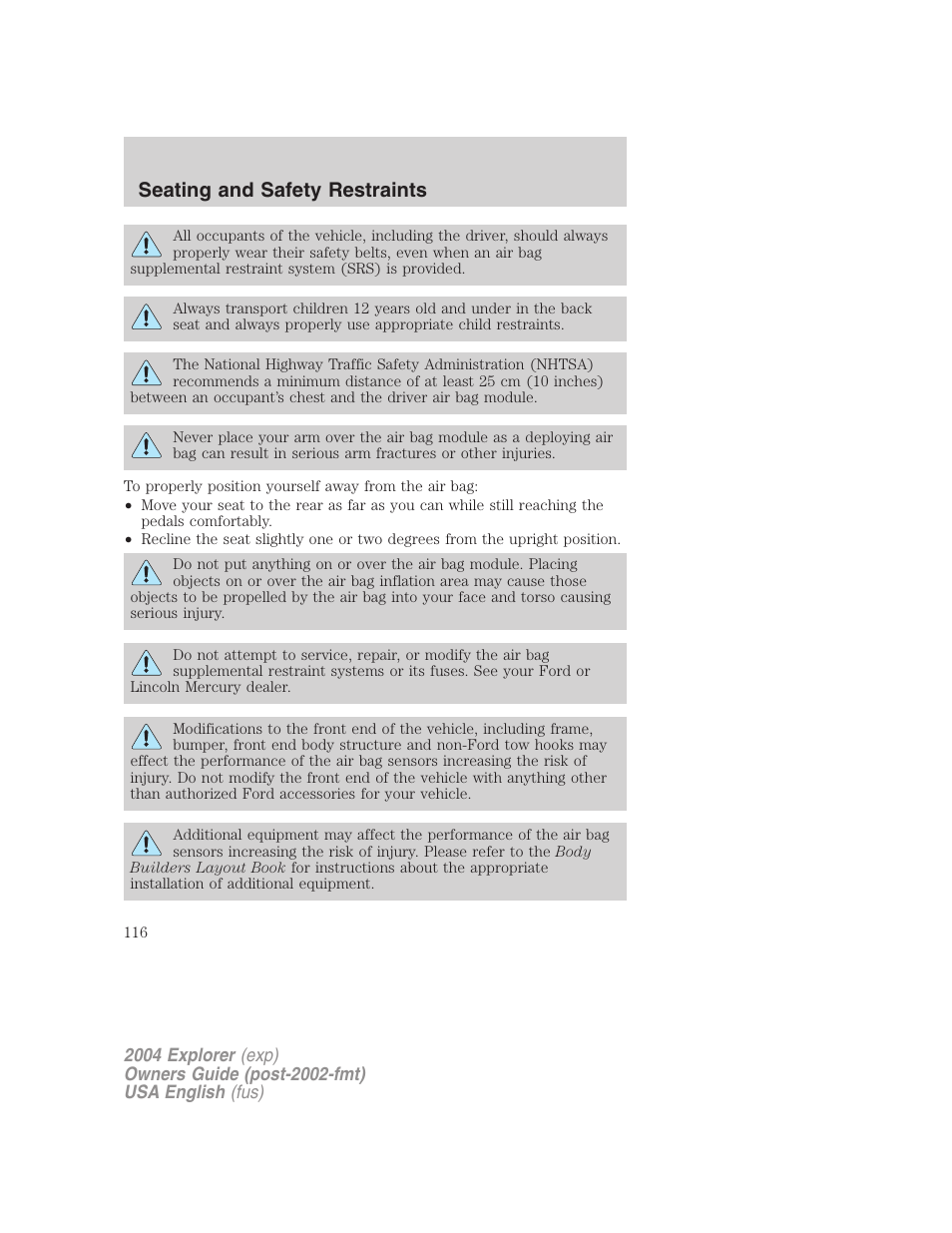 Seating and safety restraints | FORD 2004 Explorer v.2 User Manual | Page 116 / 296
