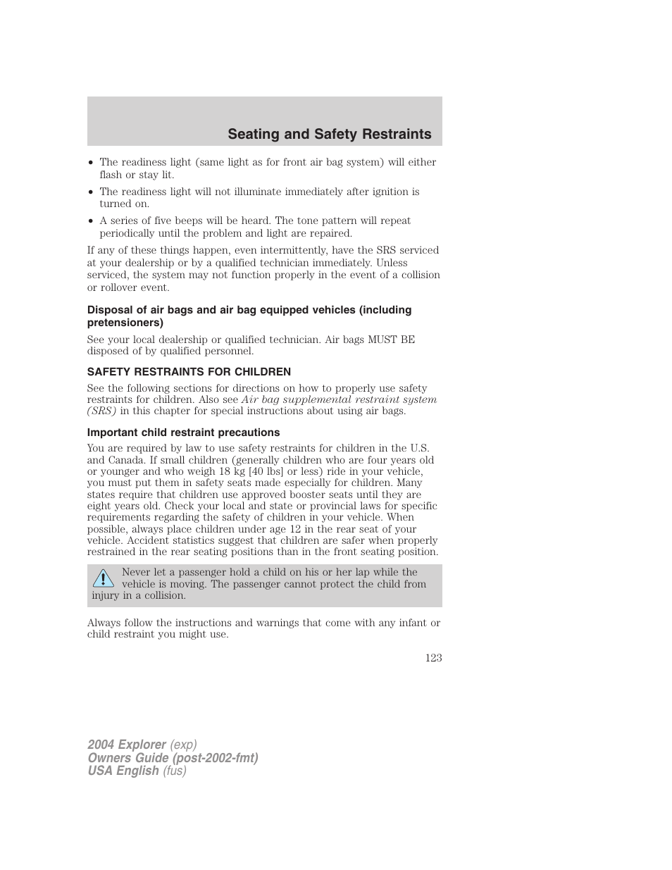 Seating and safety restraints | FORD 2004 Explorer v.2 User Manual | Page 123 / 296