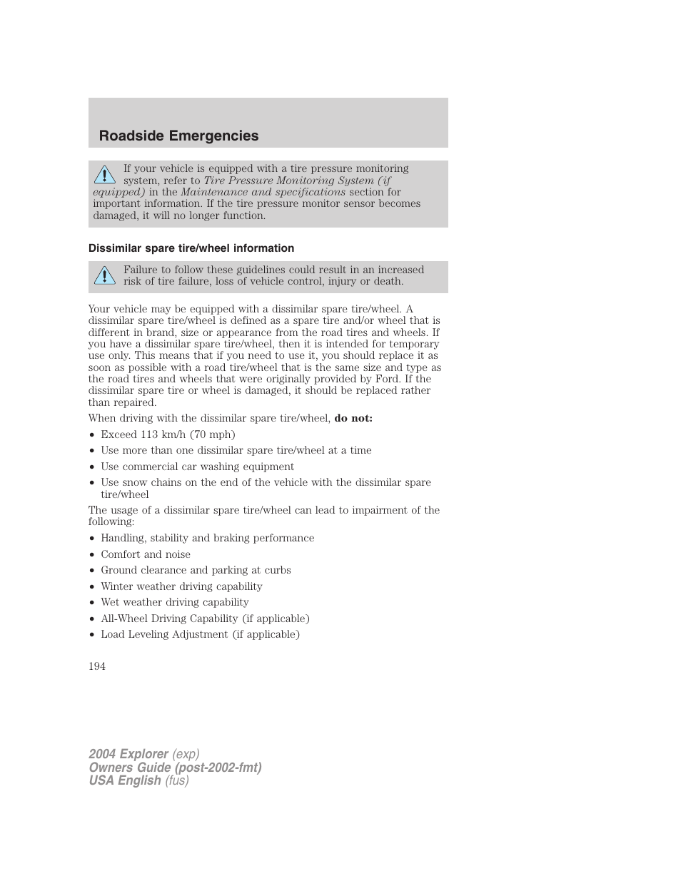 Roadside emergencies | FORD 2004 Explorer v.2 User Manual | Page 194 / 296