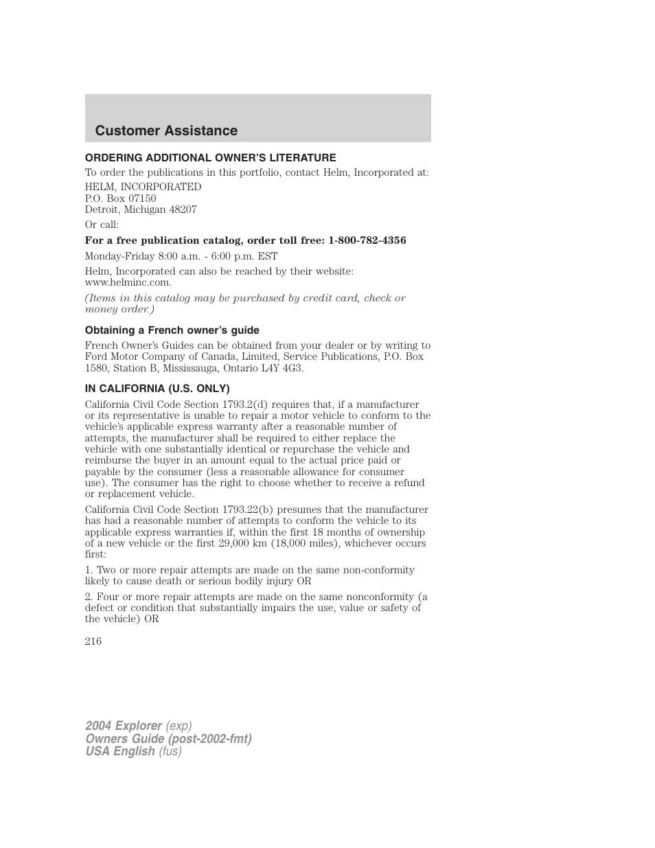 Customer assistance | FORD 2004 Explorer v.2 User Manual | Page 216 / 296