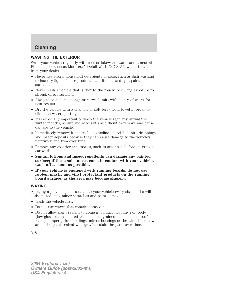 Cleaning | FORD 2004 Explorer v.2 User Manual | Page 218 / 296
