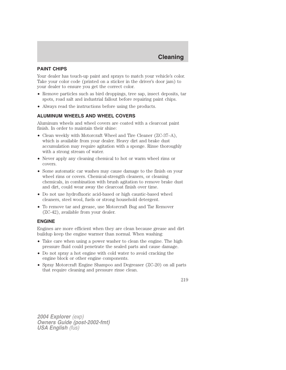 Cleaning | FORD 2004 Explorer v.2 User Manual | Page 219 / 296