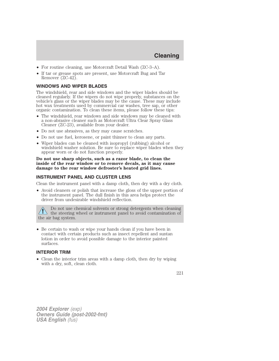 Cleaning | FORD 2004 Explorer v.2 User Manual | Page 221 / 296