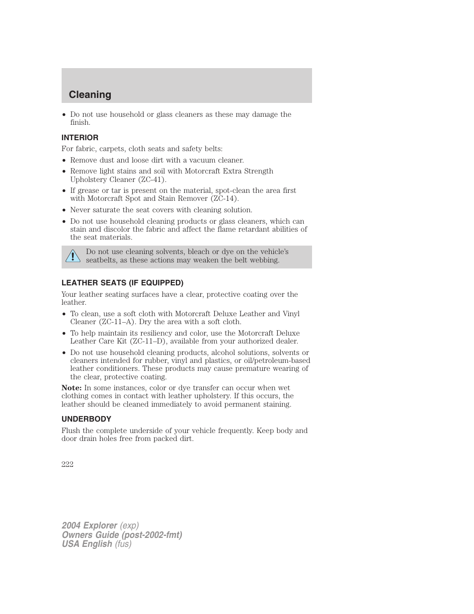 Cleaning | FORD 2004 Explorer v.2 User Manual | Page 222 / 296