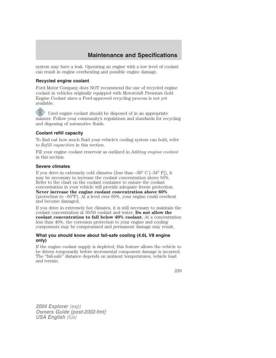 Maintenance and specifications | FORD 2004 Explorer v.2 User Manual | Page 239 / 296