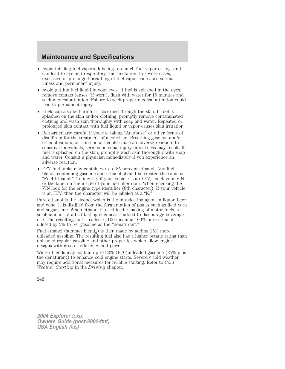 Maintenance and specifications | FORD 2004 Explorer v.2 User Manual | Page 242 / 296