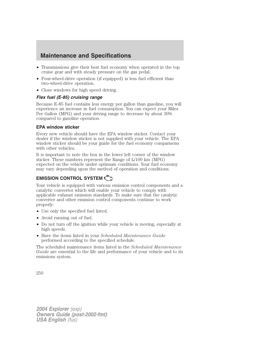 Maintenance and specifications | FORD 2004 Explorer v.2 User Manual | Page 250 / 296