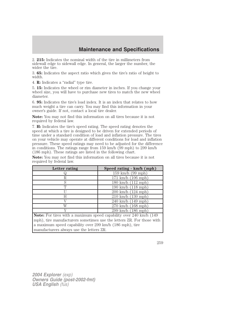 Maintenance and specifications | FORD 2004 Explorer v.2 User Manual | Page 259 / 296