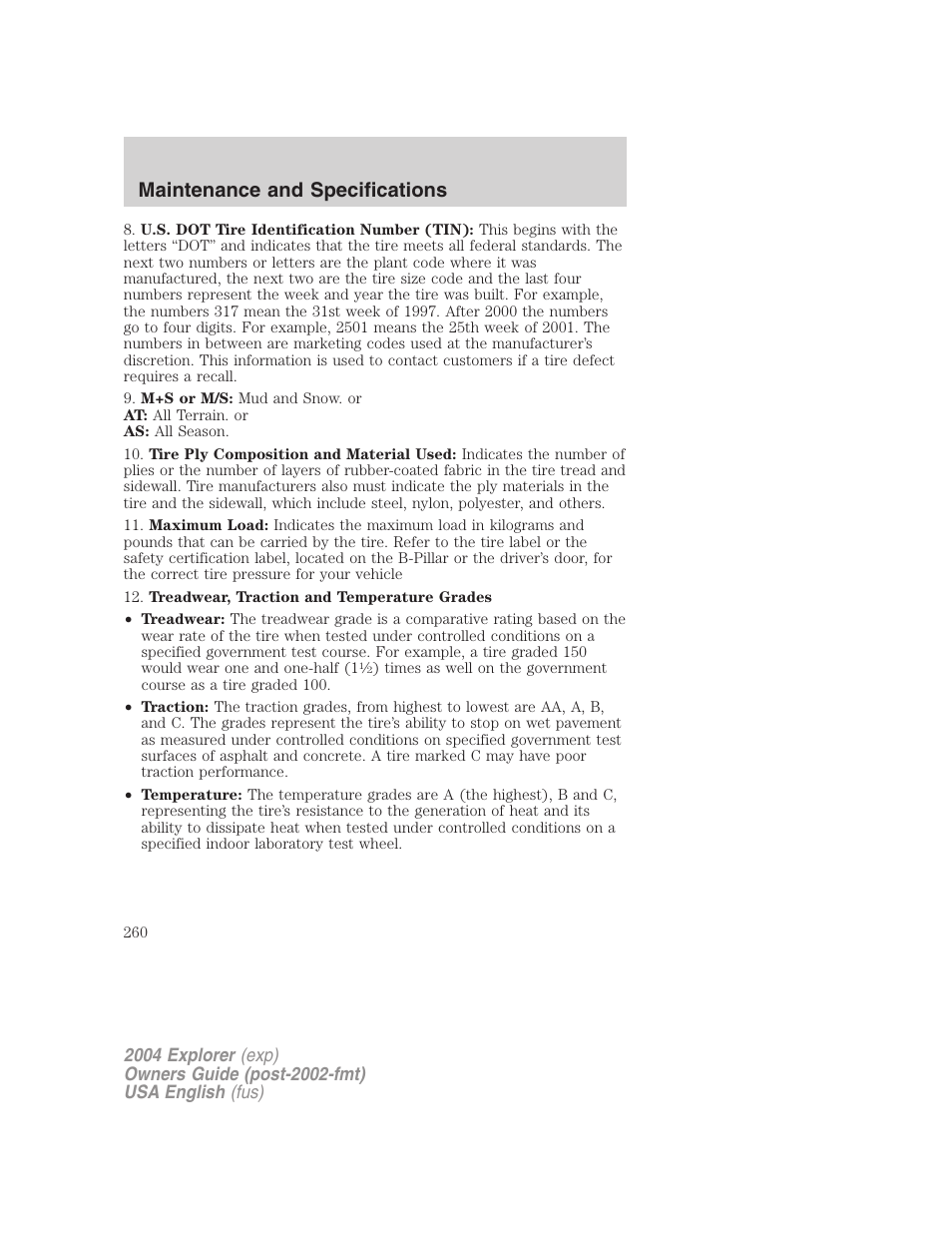 Maintenance and specifications | FORD 2004 Explorer v.2 User Manual | Page 260 / 296