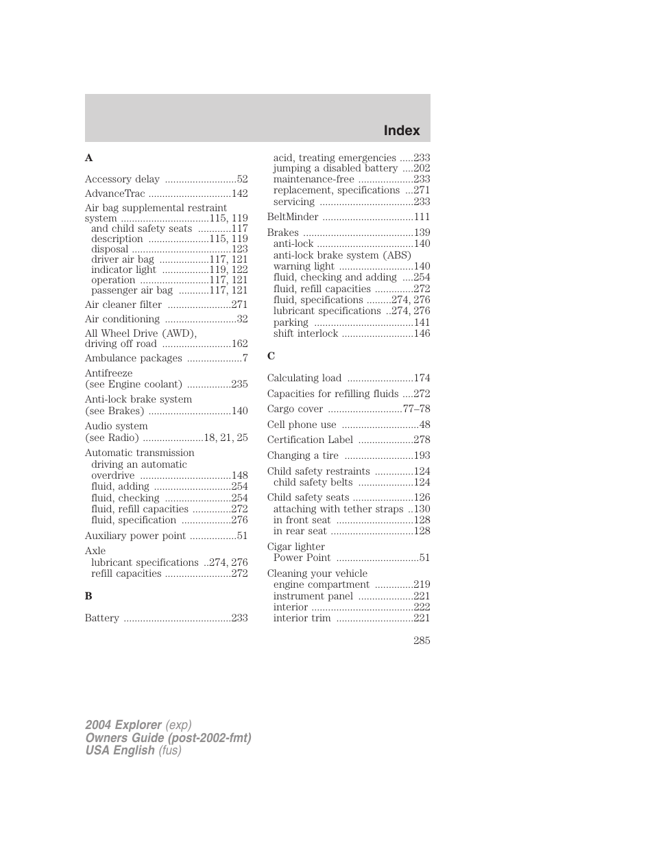 Index | FORD 2004 Explorer v.2 User Manual | Page 285 / 296