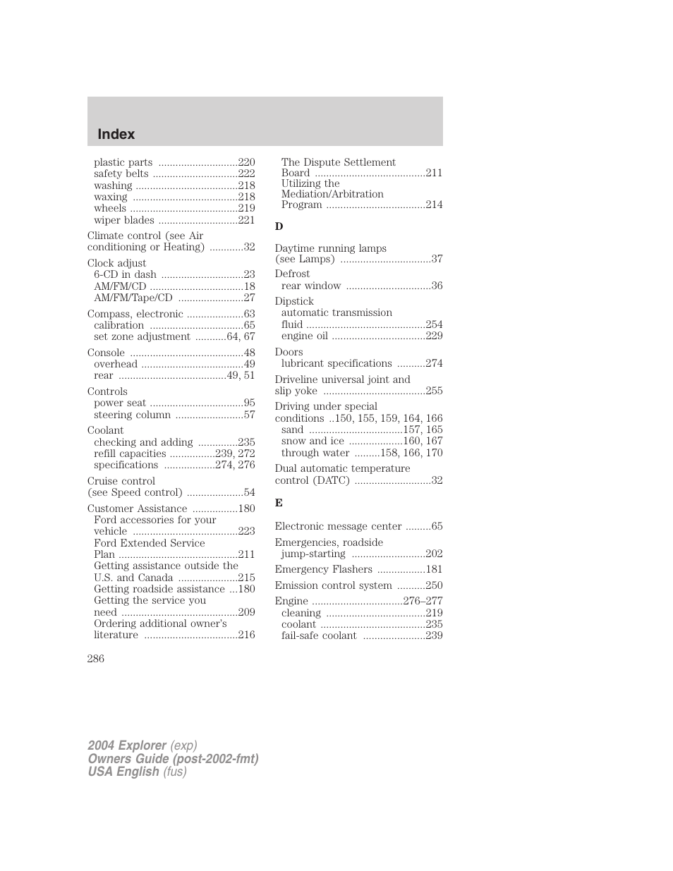 Index | FORD 2004 Explorer v.2 User Manual | Page 286 / 296