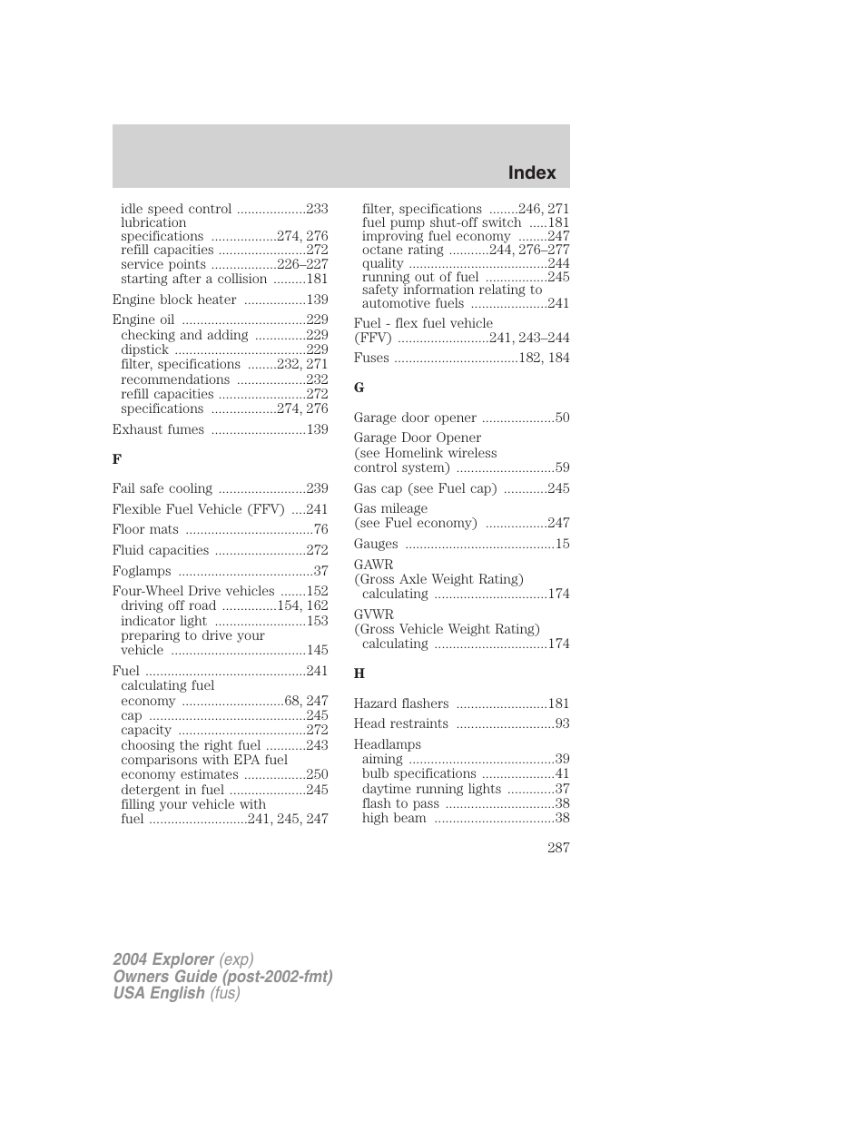 Index | FORD 2004 Explorer v.2 User Manual | Page 287 / 296