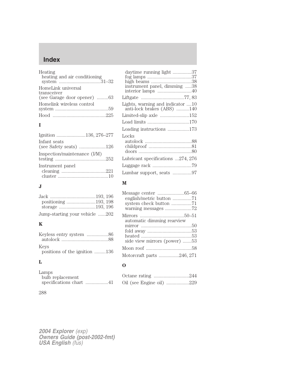 Index | FORD 2004 Explorer v.2 User Manual | Page 288 / 296