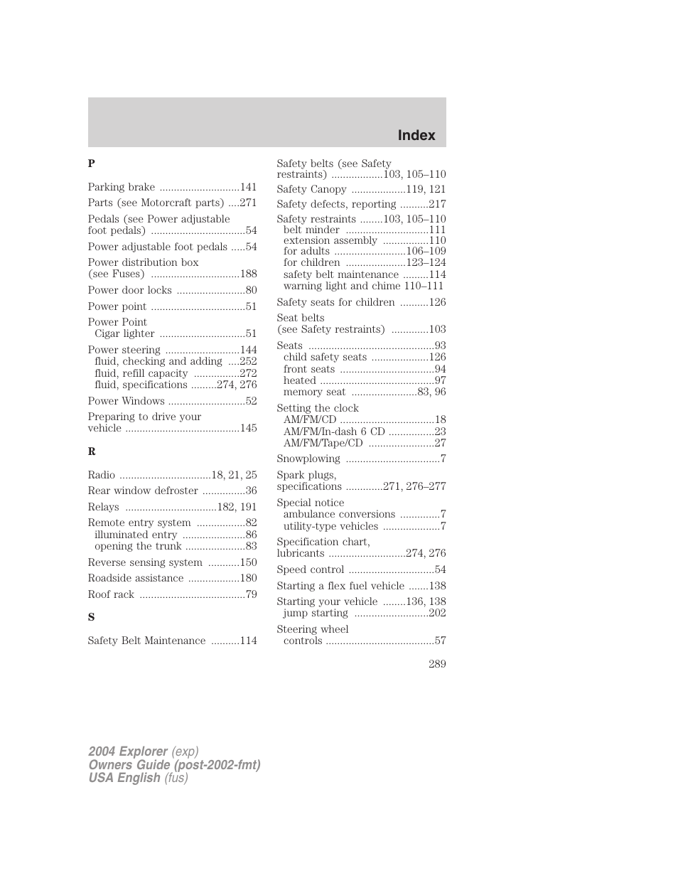 Index | FORD 2004 Explorer v.2 User Manual | Page 289 / 296