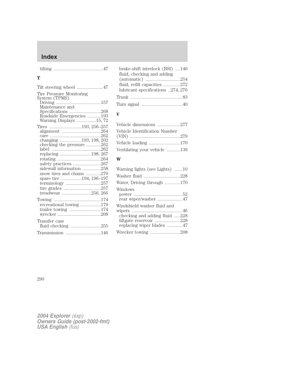 Index | FORD 2004 Explorer v.2 User Manual | Page 290 / 296