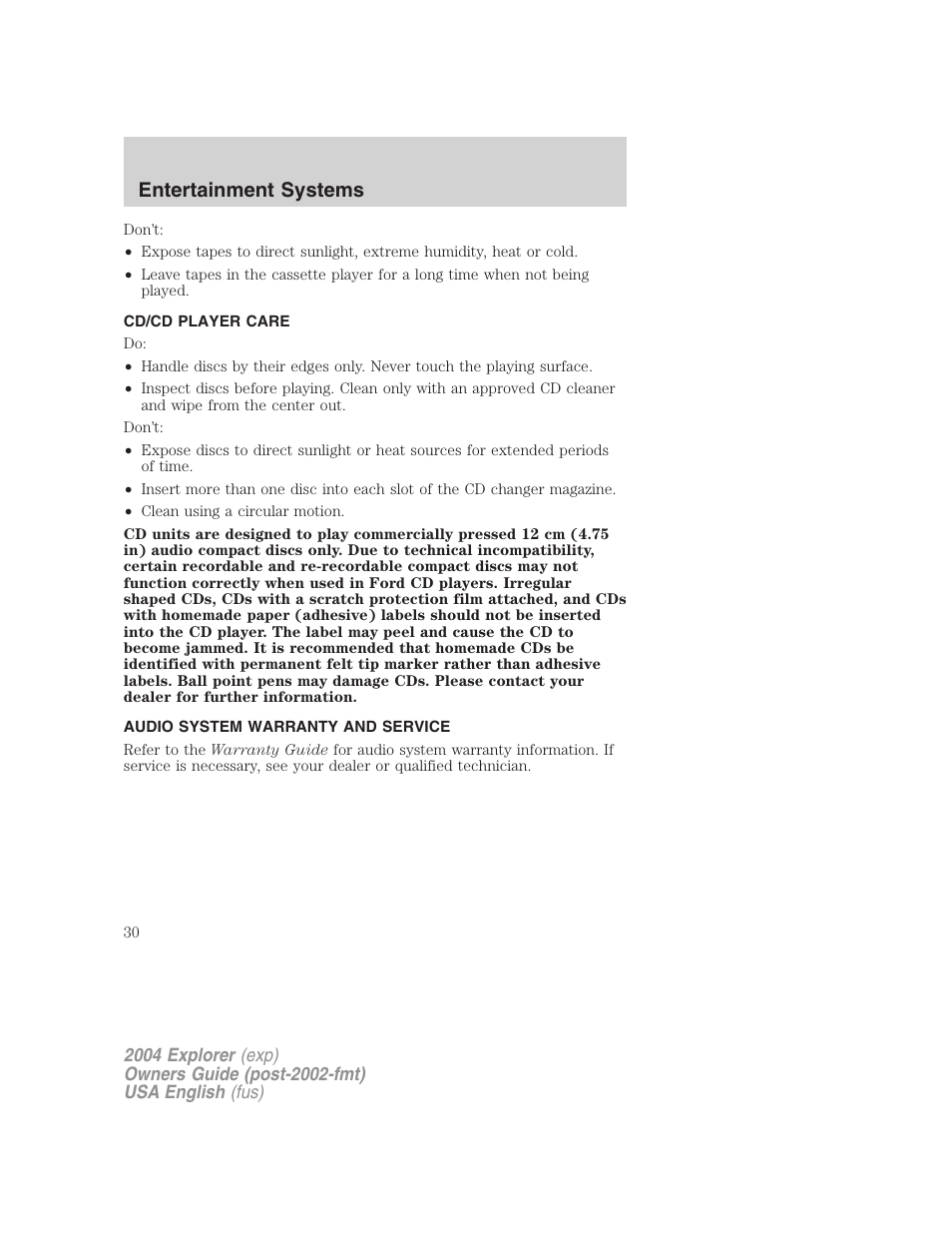 Entertainment systems | FORD 2004 Explorer v.2 User Manual | Page 30 / 296