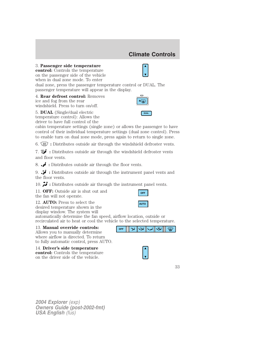 Climate controls | FORD 2004 Explorer v.2 User Manual | Page 33 / 296