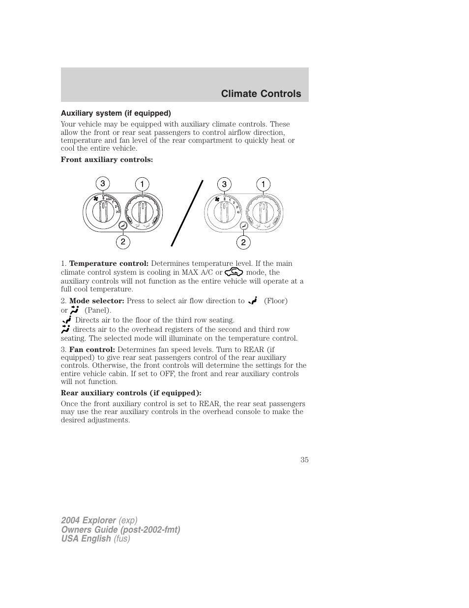 Climate controls | FORD 2004 Explorer v.2 User Manual | Page 35 / 296