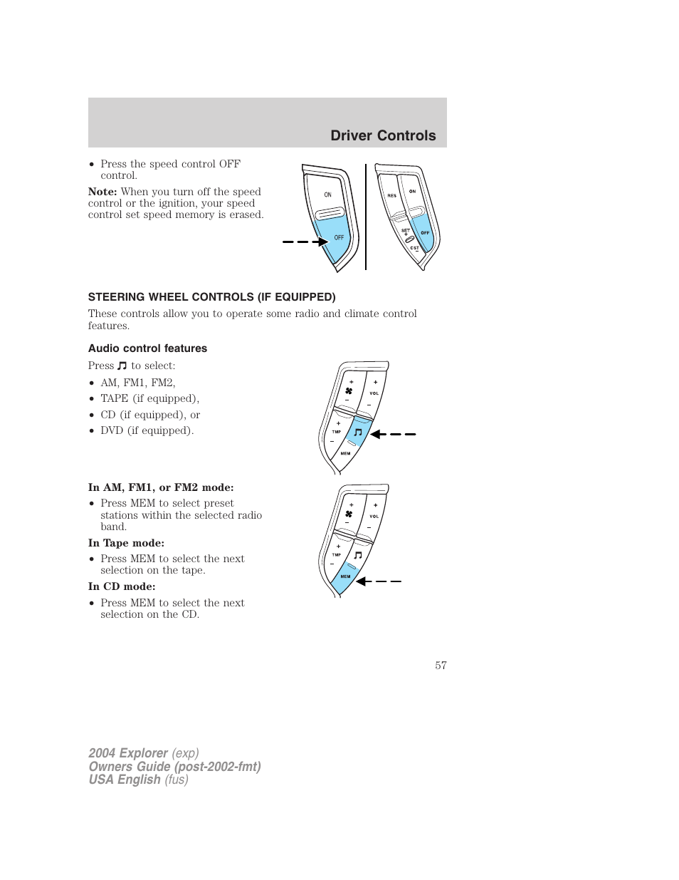 Driver controls | FORD 2004 Explorer v.2 User Manual | Page 57 / 296