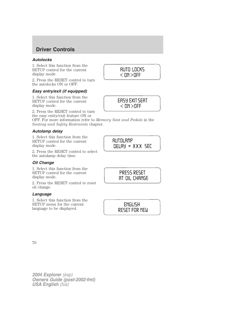 Driver controls | FORD 2004 Explorer v.2 User Manual | Page 70 / 296