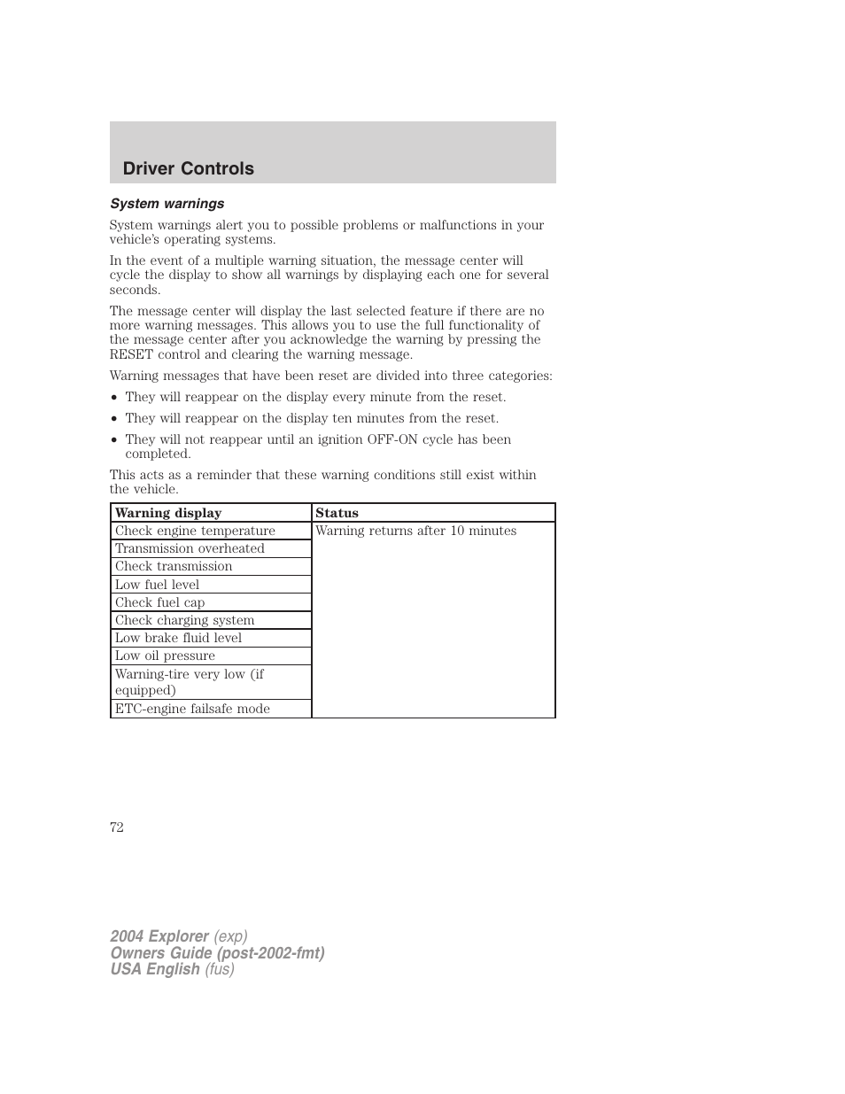 Driver controls | FORD 2004 Explorer v.2 User Manual | Page 72 / 296