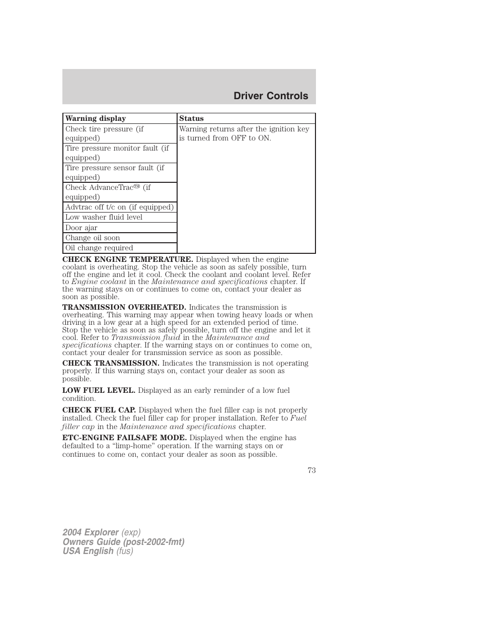 Driver controls | FORD 2004 Explorer v.2 User Manual | Page 73 / 296