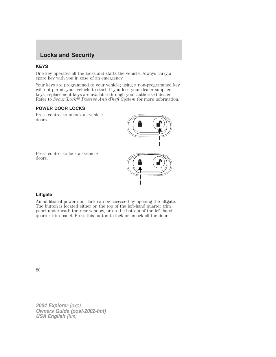 Locks and security | FORD 2004 Explorer v.2 User Manual | Page 80 / 296