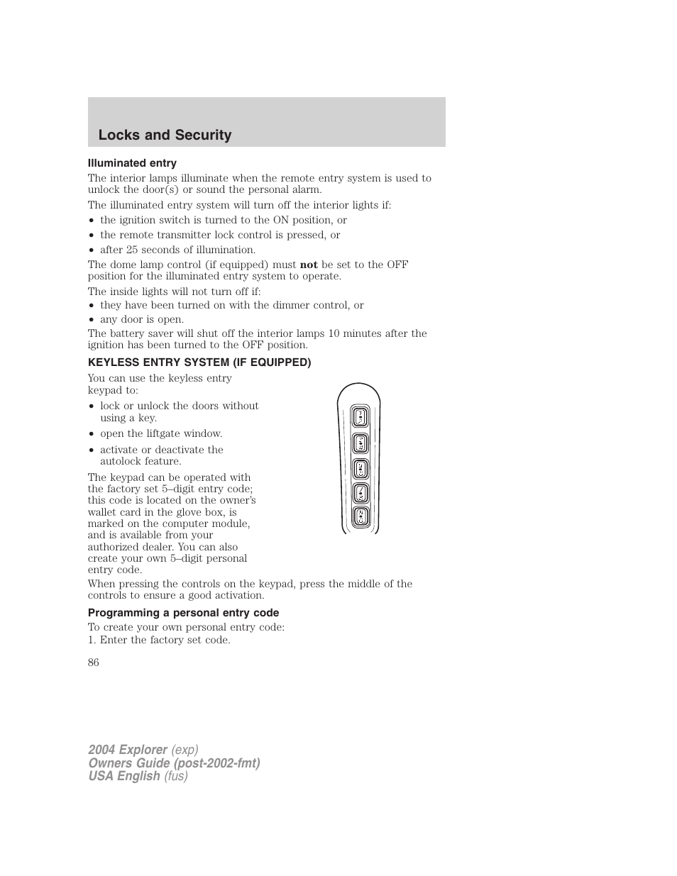 Locks and security | FORD 2004 Explorer v.2 User Manual | Page 86 / 296