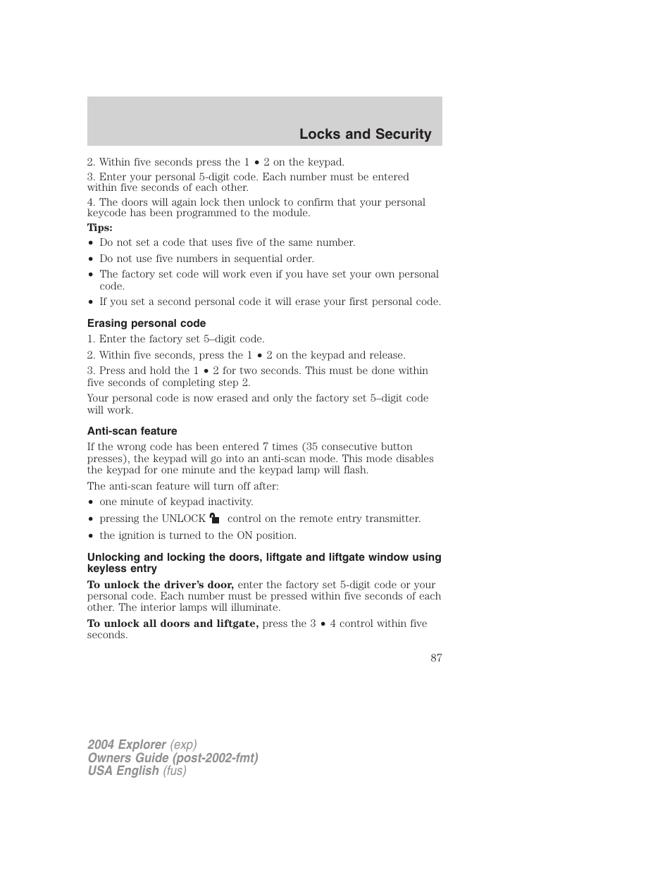 Locks and security | FORD 2004 Explorer v.2 User Manual | Page 87 / 296