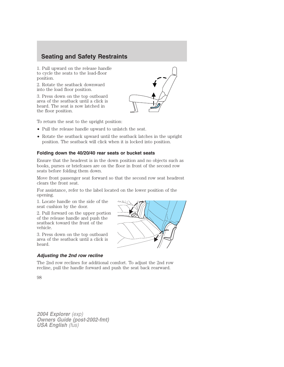 Seating and safety restraints | FORD 2004 Explorer v.2 User Manual | Page 98 / 296