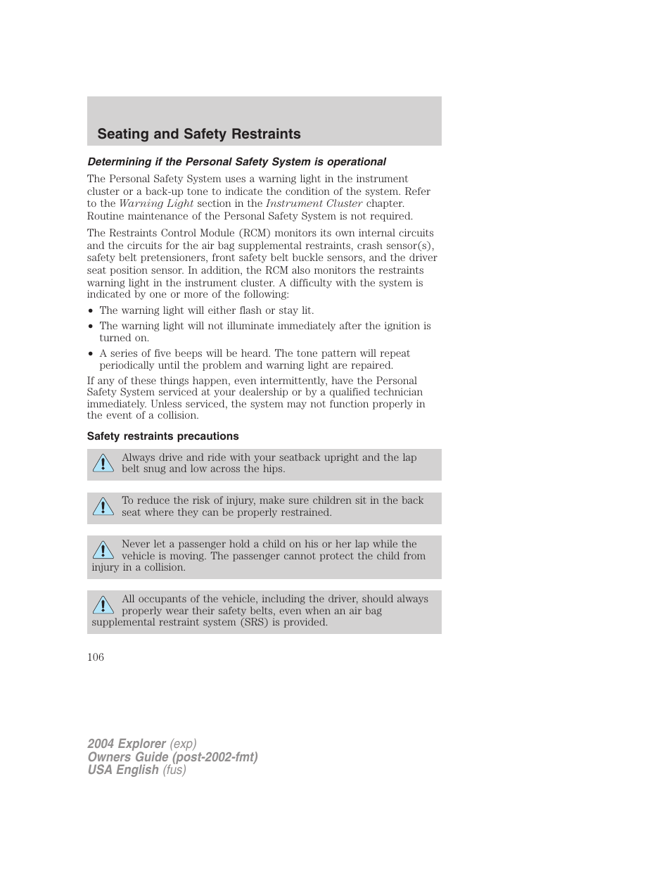 Seating and safety restraints | FORD 2004 Explorer v.3 User Manual | Page 106 / 296