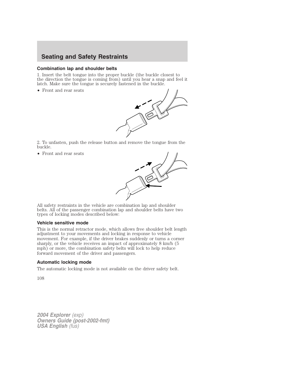 Seating and safety restraints | FORD 2004 Explorer v.3 User Manual | Page 108 / 296