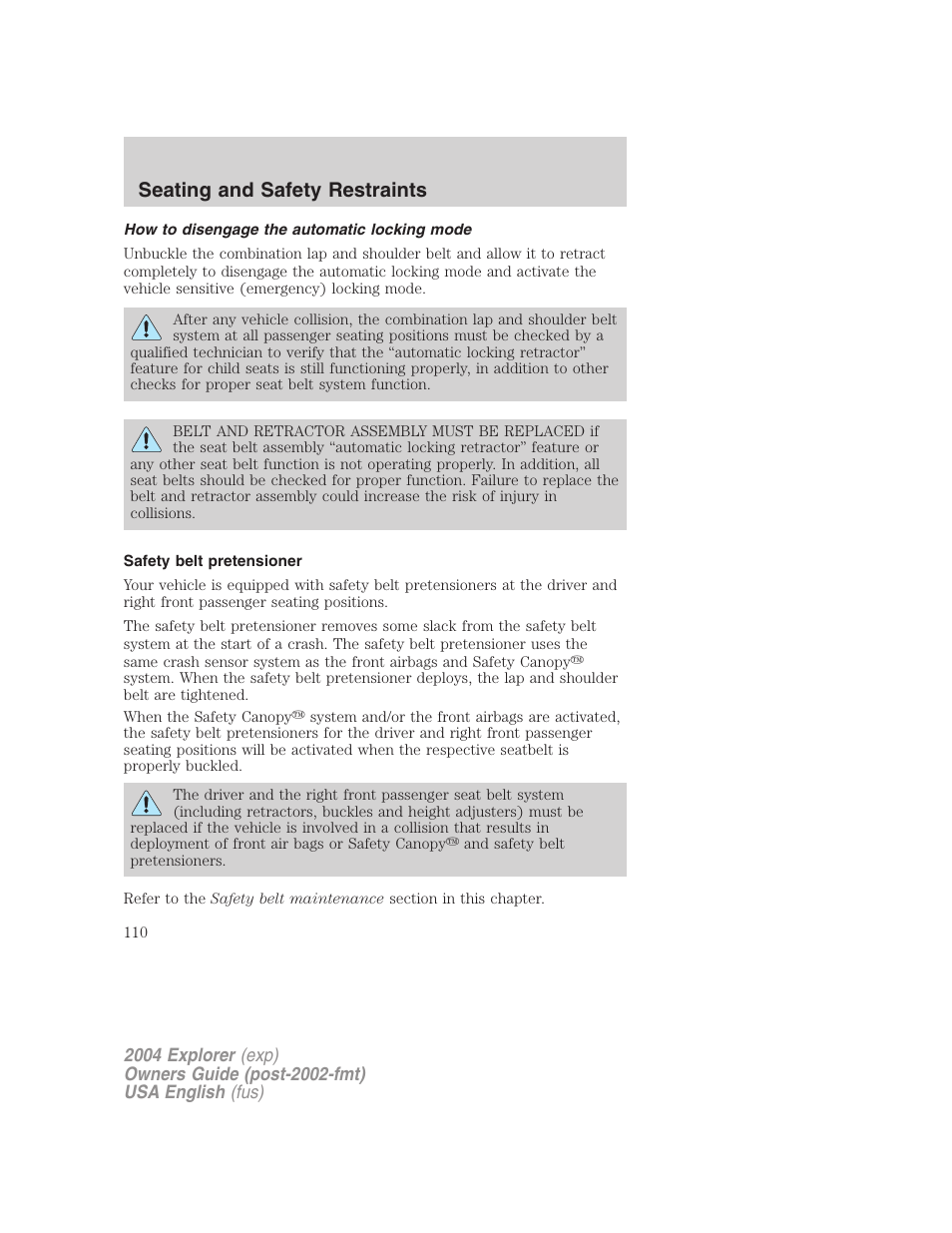 Seating and safety restraints | FORD 2004 Explorer v.3 User Manual | Page 110 / 296