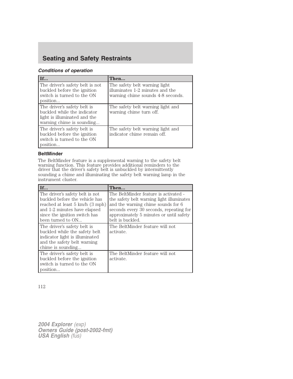 Seating and safety restraints | FORD 2004 Explorer v.3 User Manual | Page 112 / 296