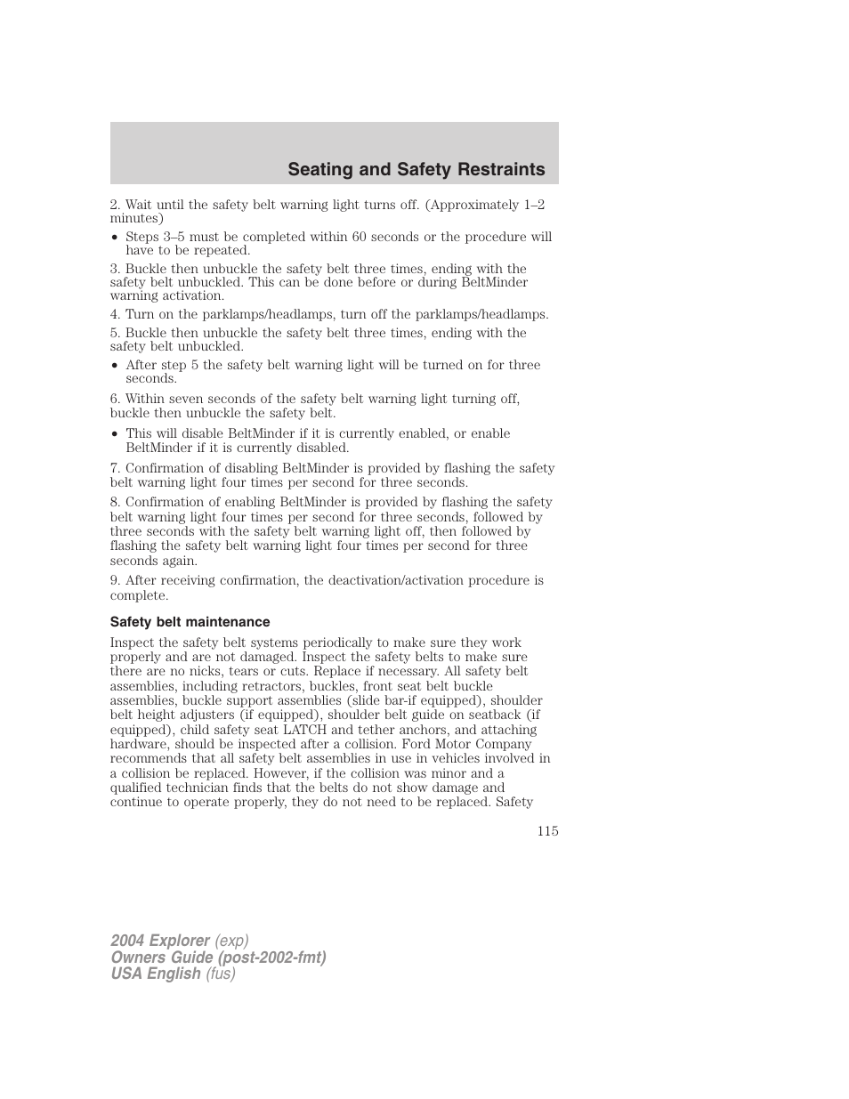Seating and safety restraints | FORD 2004 Explorer v.3 User Manual | Page 115 / 296