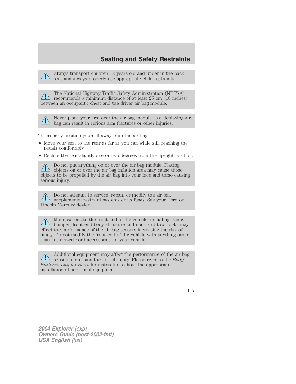 Seating and safety restraints | FORD 2004 Explorer v.3 User Manual | Page 117 / 296