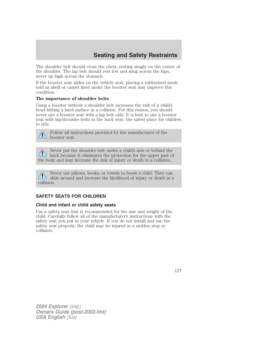Seating and safety restraints | FORD 2004 Explorer v.3 User Manual | Page 127 / 296