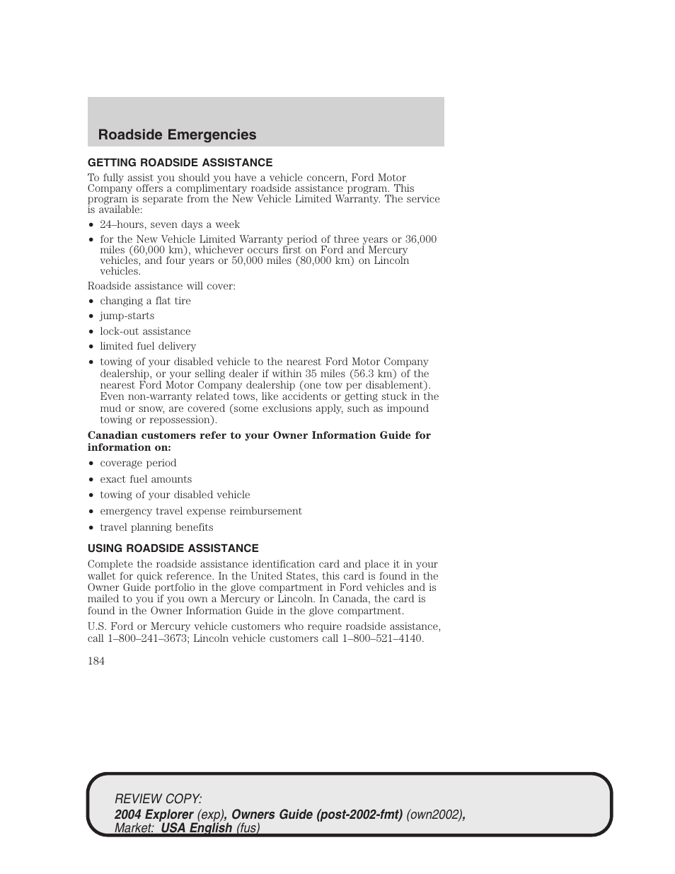 Roadside emergencies | FORD 2004 Explorer v.3 User Manual | Page 184 / 296