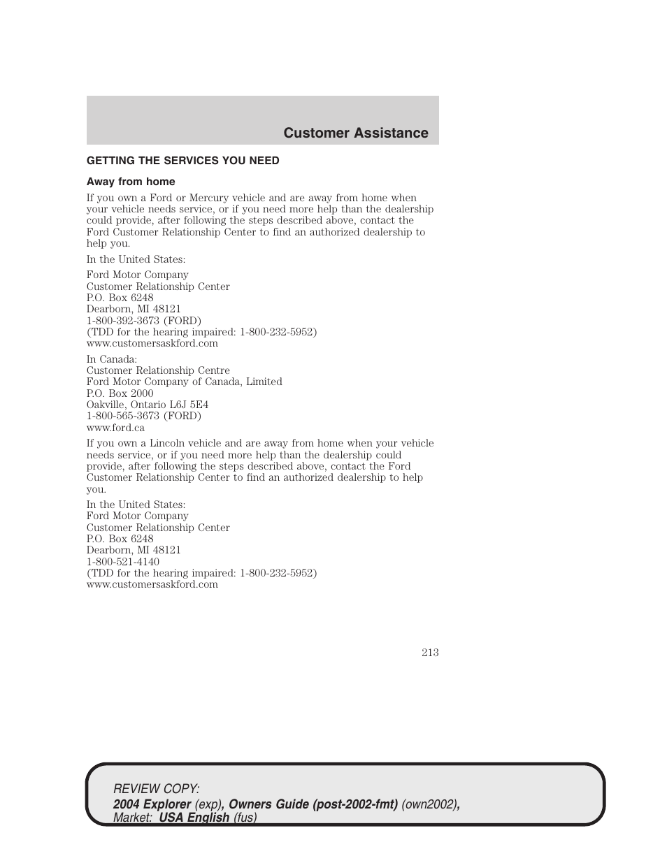 Customer assistance | FORD 2004 Explorer v.3 User Manual | Page 213 / 296