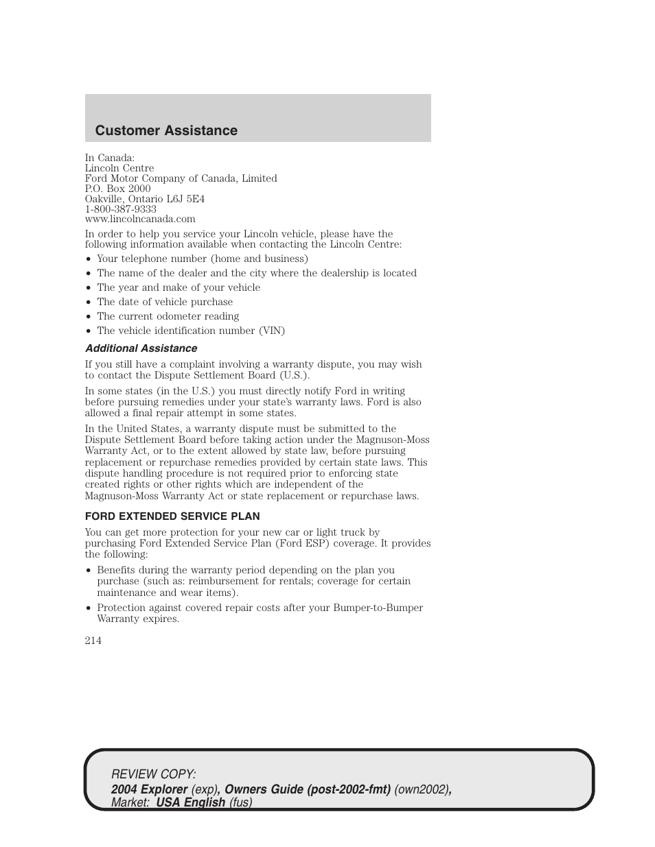 Customer assistance | FORD 2004 Explorer v.3 User Manual | Page 214 / 296