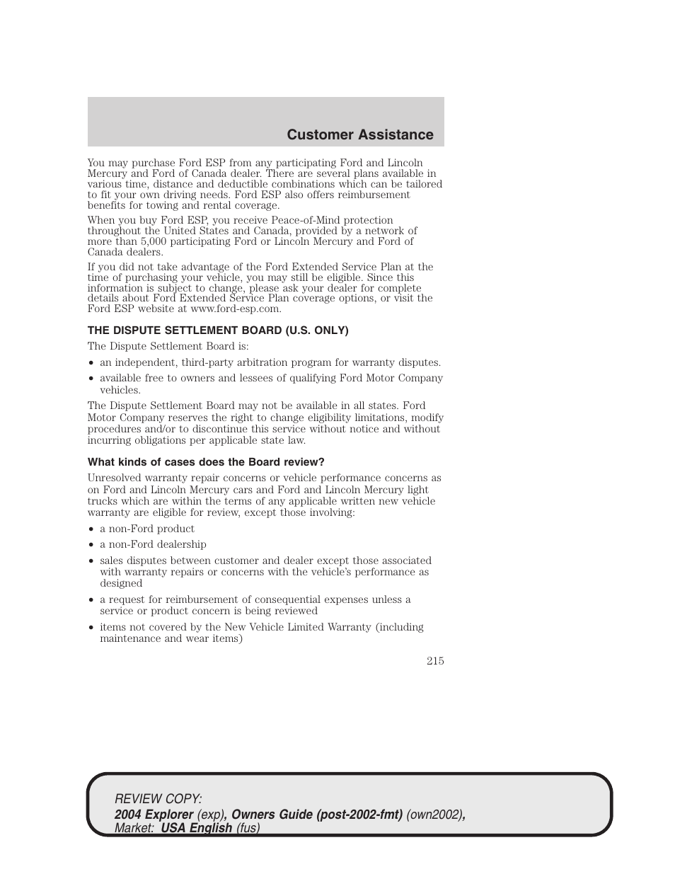 Customer assistance | FORD 2004 Explorer v.3 User Manual | Page 215 / 296