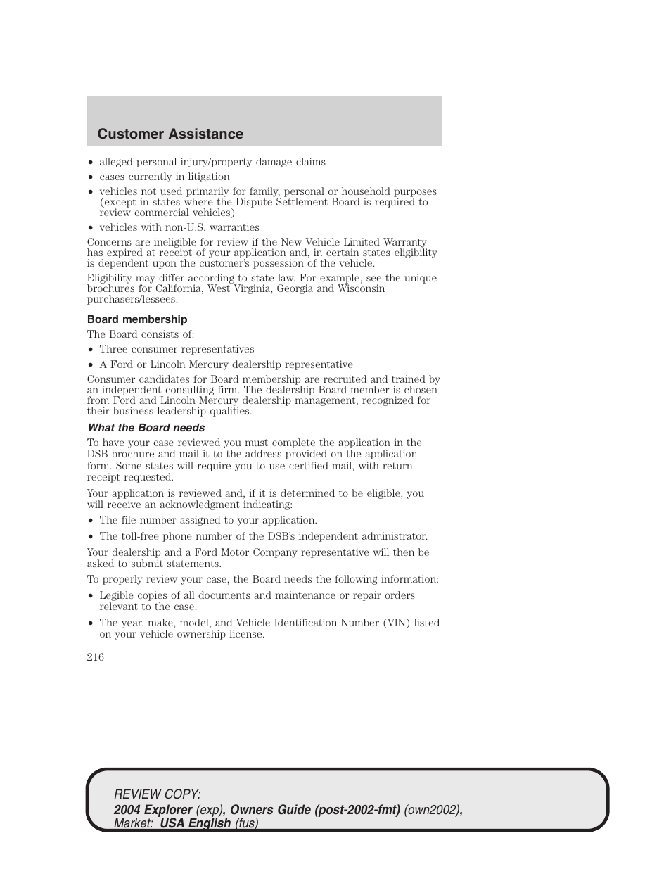 Customer assistance | FORD 2004 Explorer v.3 User Manual | Page 216 / 296