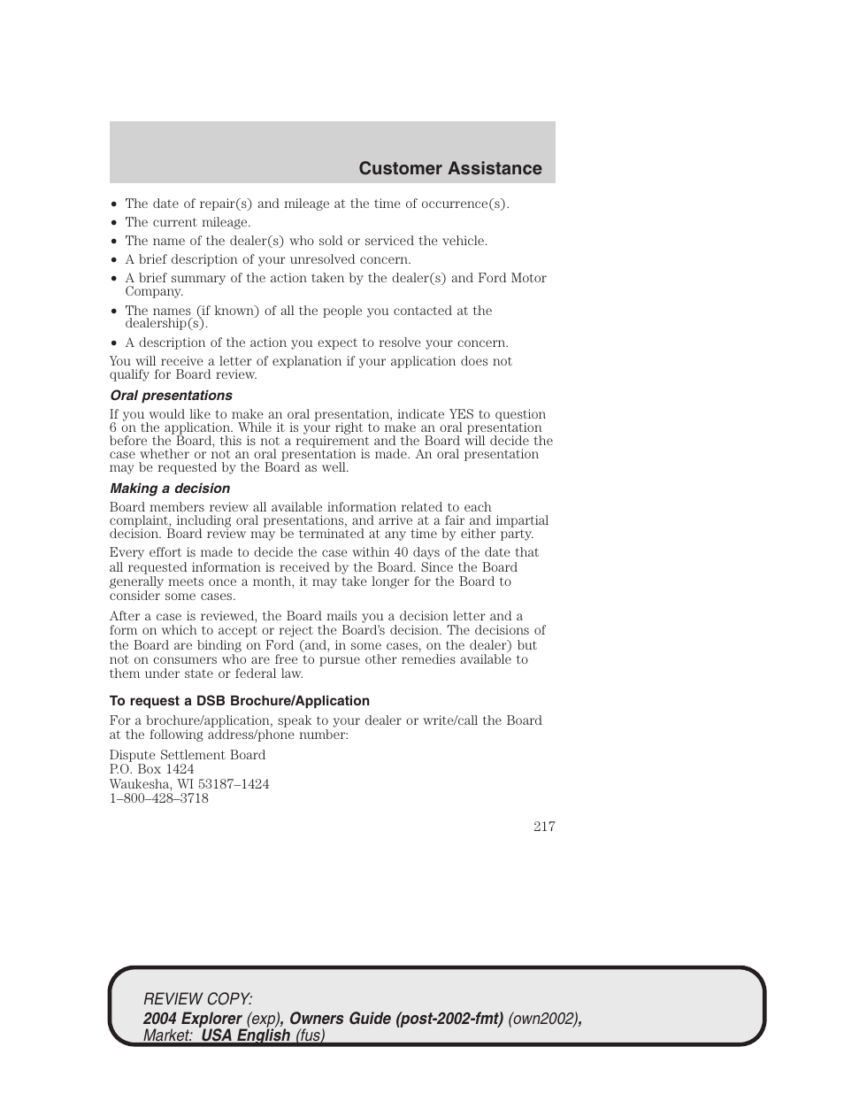 Customer assistance | FORD 2004 Explorer v.3 User Manual | Page 217 / 296