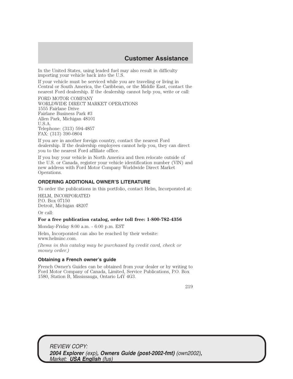 Customer assistance | FORD 2004 Explorer v.3 User Manual | Page 219 / 296
