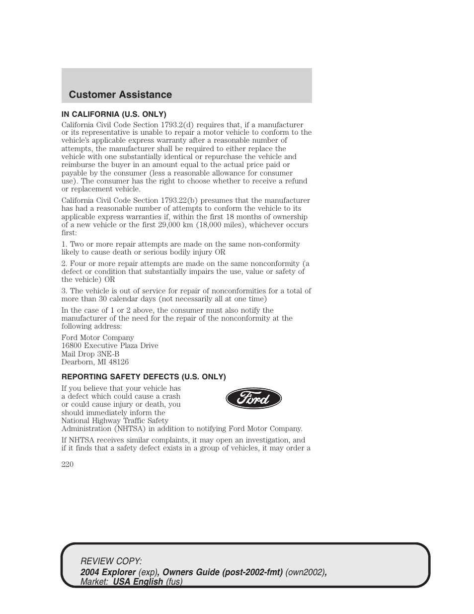 Customer assistance | FORD 2004 Explorer v.3 User Manual | Page 220 / 296