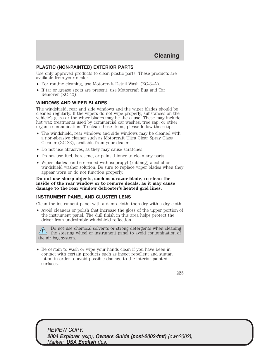 Cleaning | FORD 2004 Explorer v.3 User Manual | Page 225 / 296